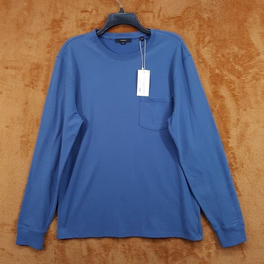 VINCE Shirt Mens Medium Blue Pullover Crew Long Sleeve Sueded Cotton Pocket $145